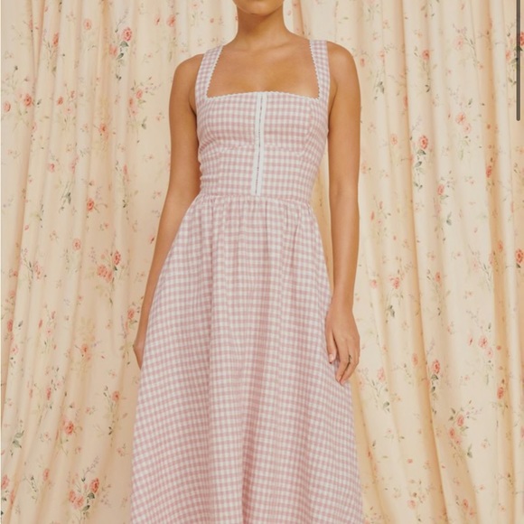 Reformation Tagliatelle Linen Dress Blush Check - Picture 2 of 9